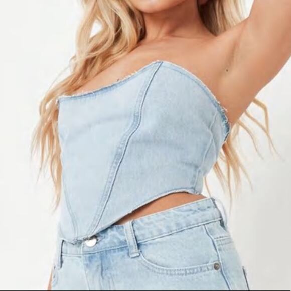 Missguided Denim Cross Patch Bandana Crop Top in Light Blue - Picture 1 of 9